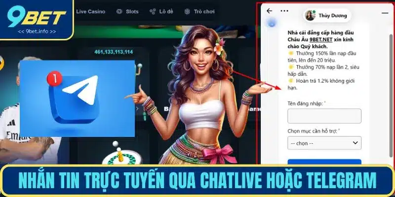 Nhắn tin trực tuyến qua Chat Live hoặc Telegram
